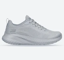 Women's Wide Fit Skechers Bobs Squad Chaos Face Off 117209 Vegan Trainers - Light Grey