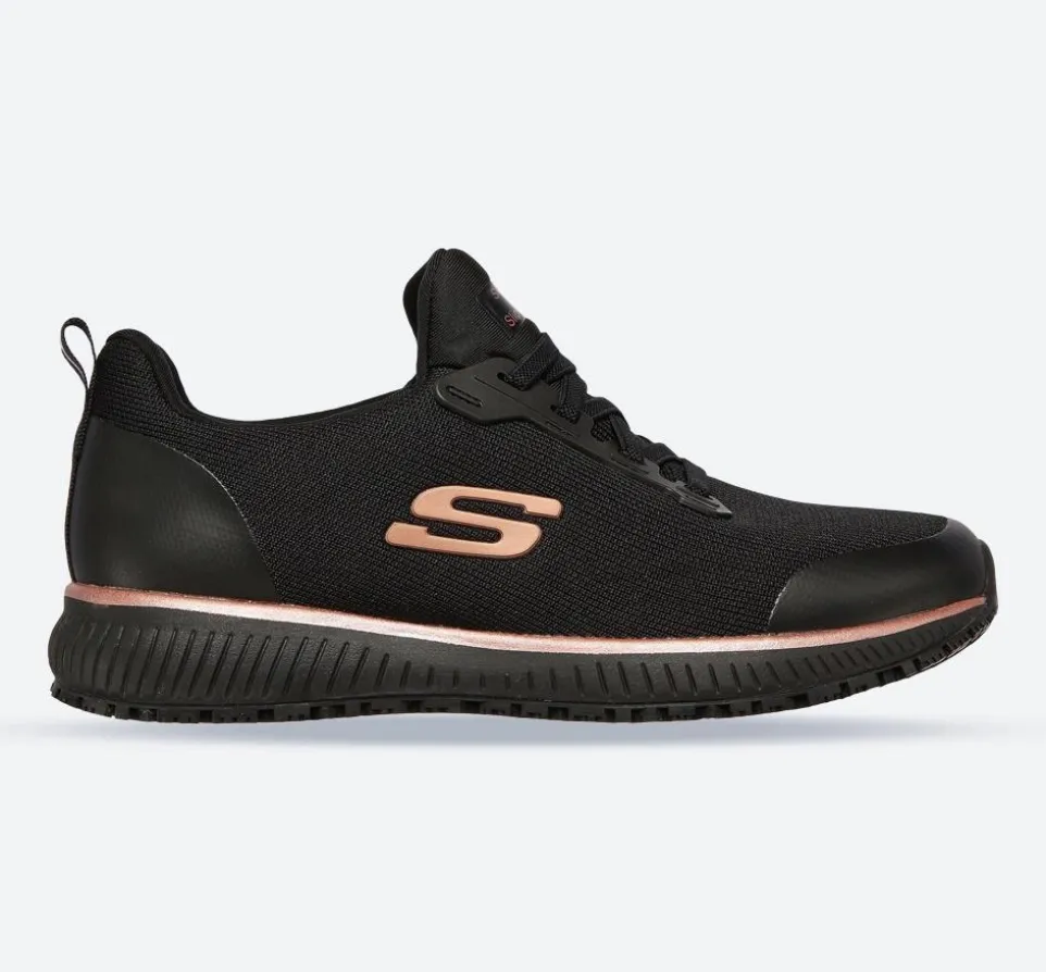 Women's Wide Fit Skechers 77222EC Squad SR Occupational Trainers - Black/Rose Gold