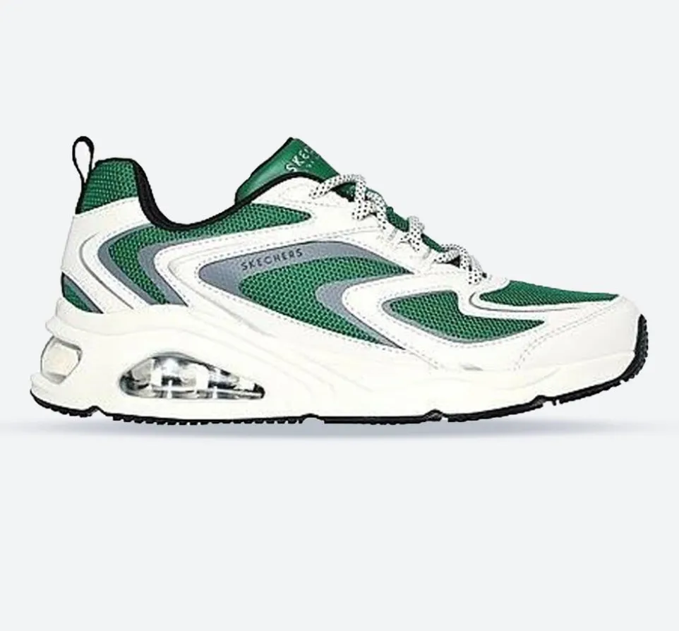 Women's Wide Fit Skechers 177424 Tres Air Uno Street Fl Air Trainers - White/Green