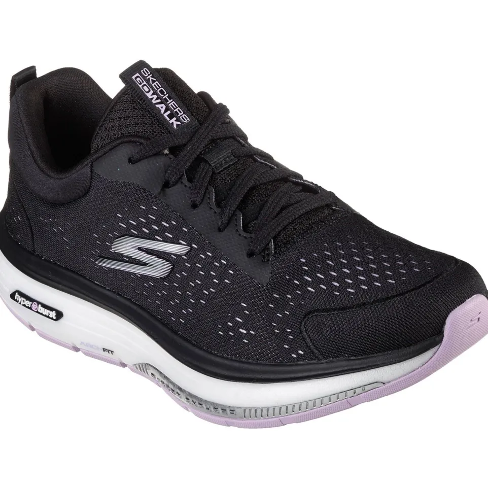Women's Wide Fit Skechers 124933 Go Walk Workout Walker Trainers - Black/Lavender