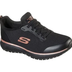 Women's Wide Fit Skechers 77222EC Squad SR Occupational Trainers - Black/Rose Gold