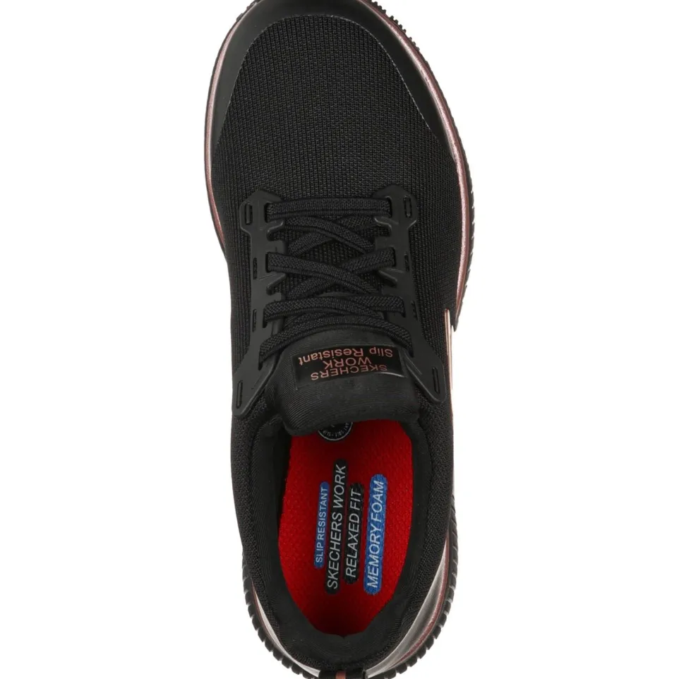 Women's Wide Fit Skechers 77222EC Squad SR Occupational Trainers - Black/Rose Gold