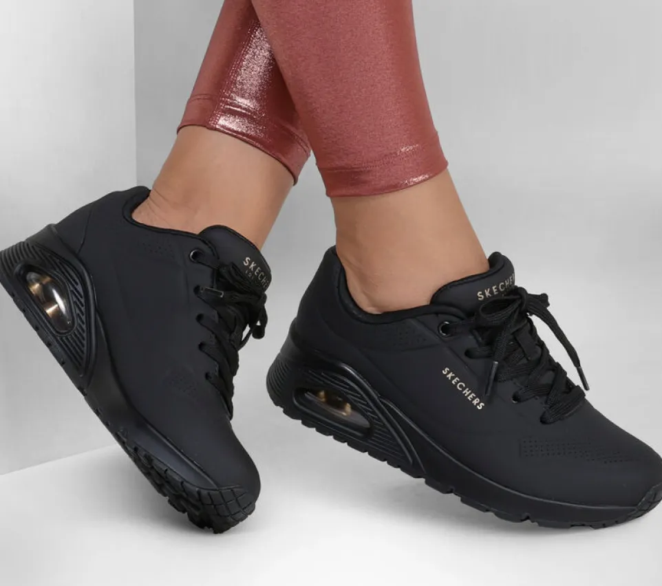 Women's Wide Fit Skechers 73690 Uno - Stand On Air Walking Street Wear Trainers - Black